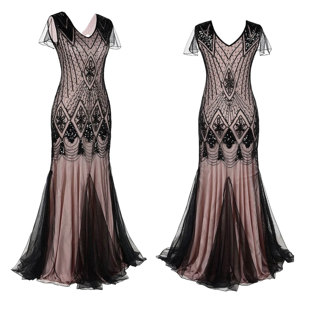 Blush Pink Dress With Beaded Black Mesh Overlay Style NWOT Size Large
